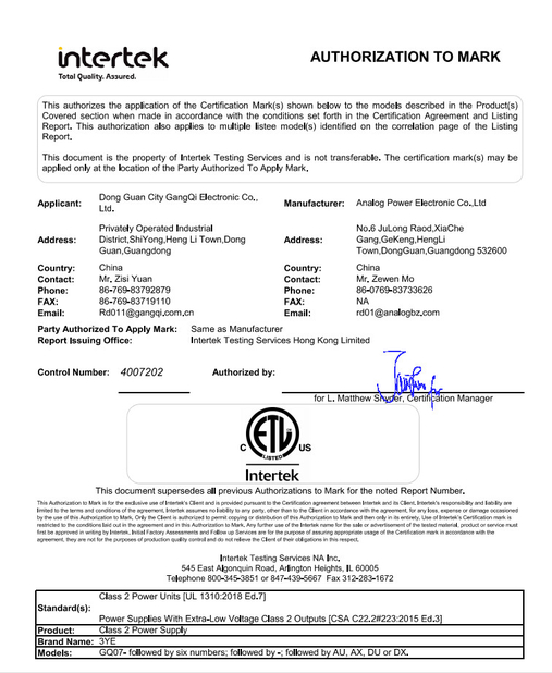 चीन Dongguan Analog Power Electronic Co., Ltd प्रमाणपत्र